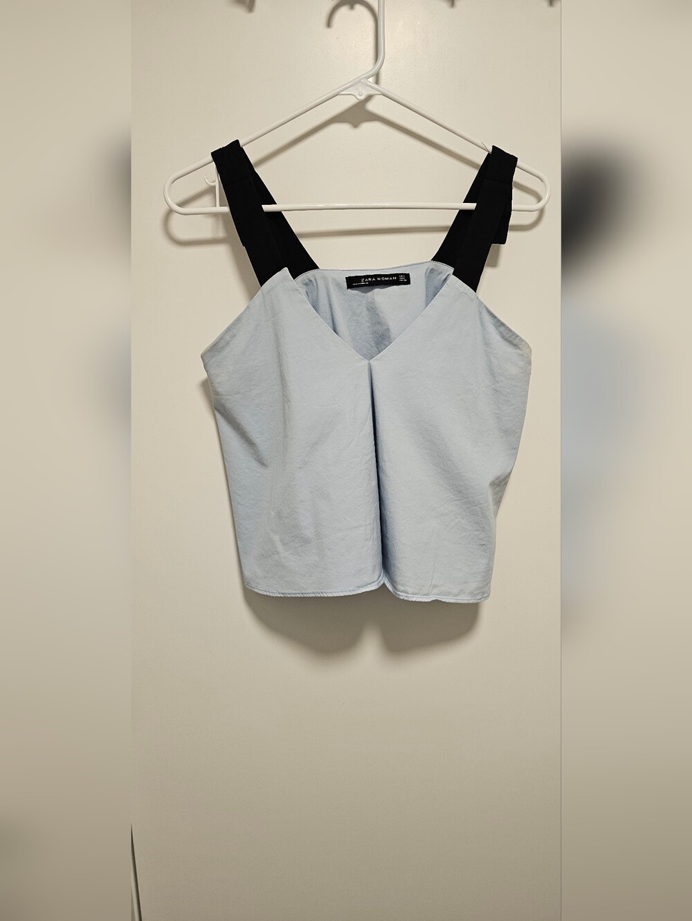 Zara Size L Light Blue & Black Strap V-Neck Top